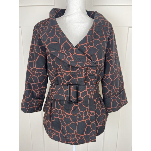 Ali Miles Animal Print Jacket Women's Sz 10 Black Rust Belted Portrait Collar - Picture 1 of 11